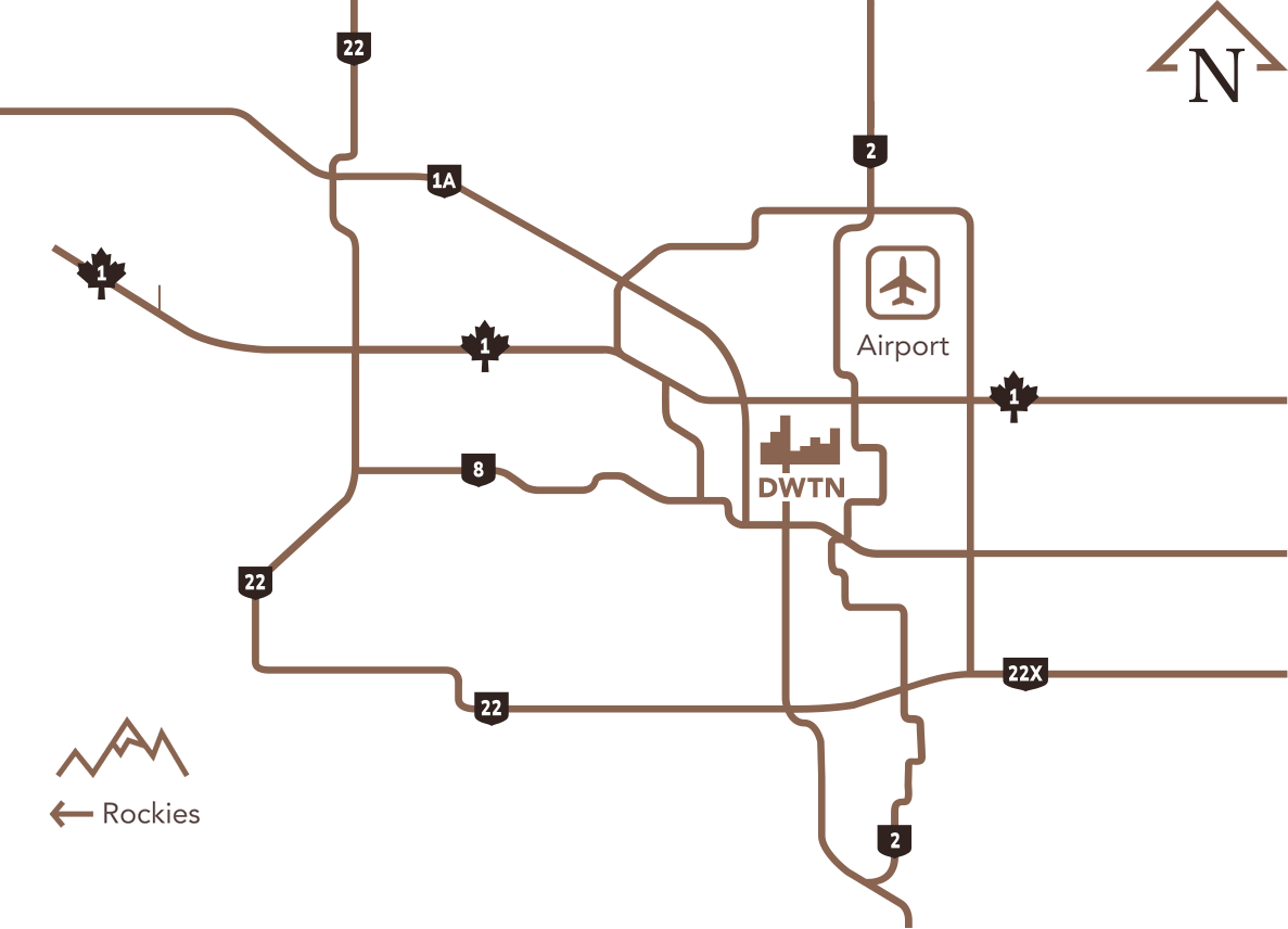 Stylized minimal map of Calgary, Cochrane, and Airdrie